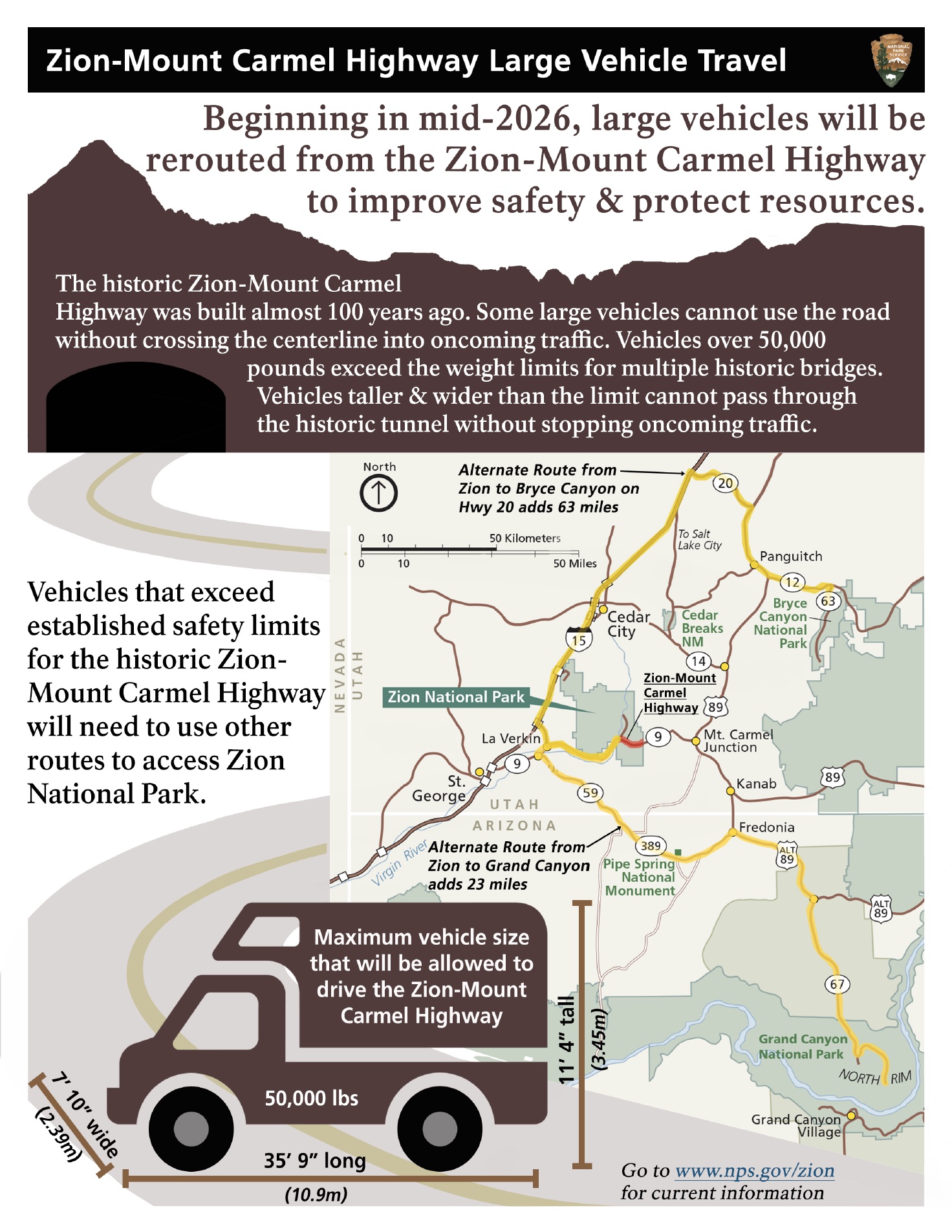 Highway scene in Zion National Park featuring a large vehicle, with a map displaying the designated travel route.