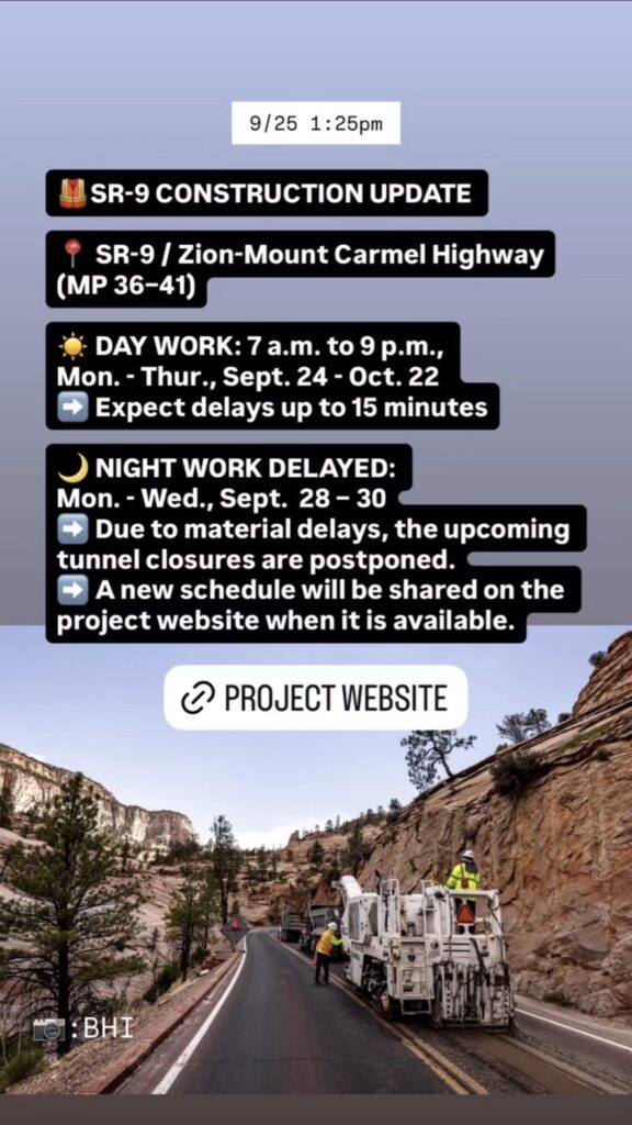 Image of a map of the construction area along SR-9 in Zion National Park. Text on image is below.