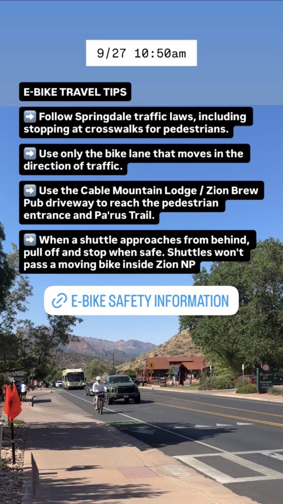 A photo showing current road conditions or parking availability at Zion National Park and along SR-9 through Springdale. Text on image is included below.