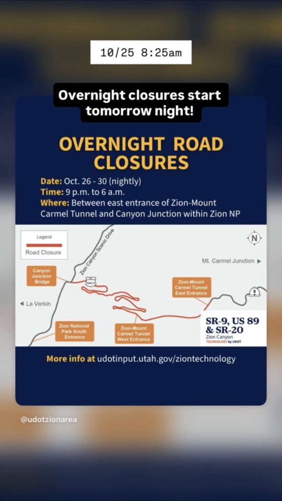 A photo showing current road conditions or parking availability at Zion National Park and along SR-9 through Springdale. Text on image is included below.
